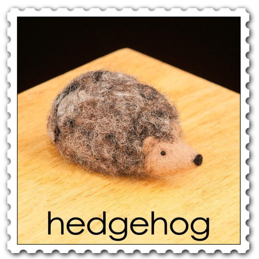 Woolpets Hedgehog felting kit.  A hedgehog with brown and black fur and a tan face