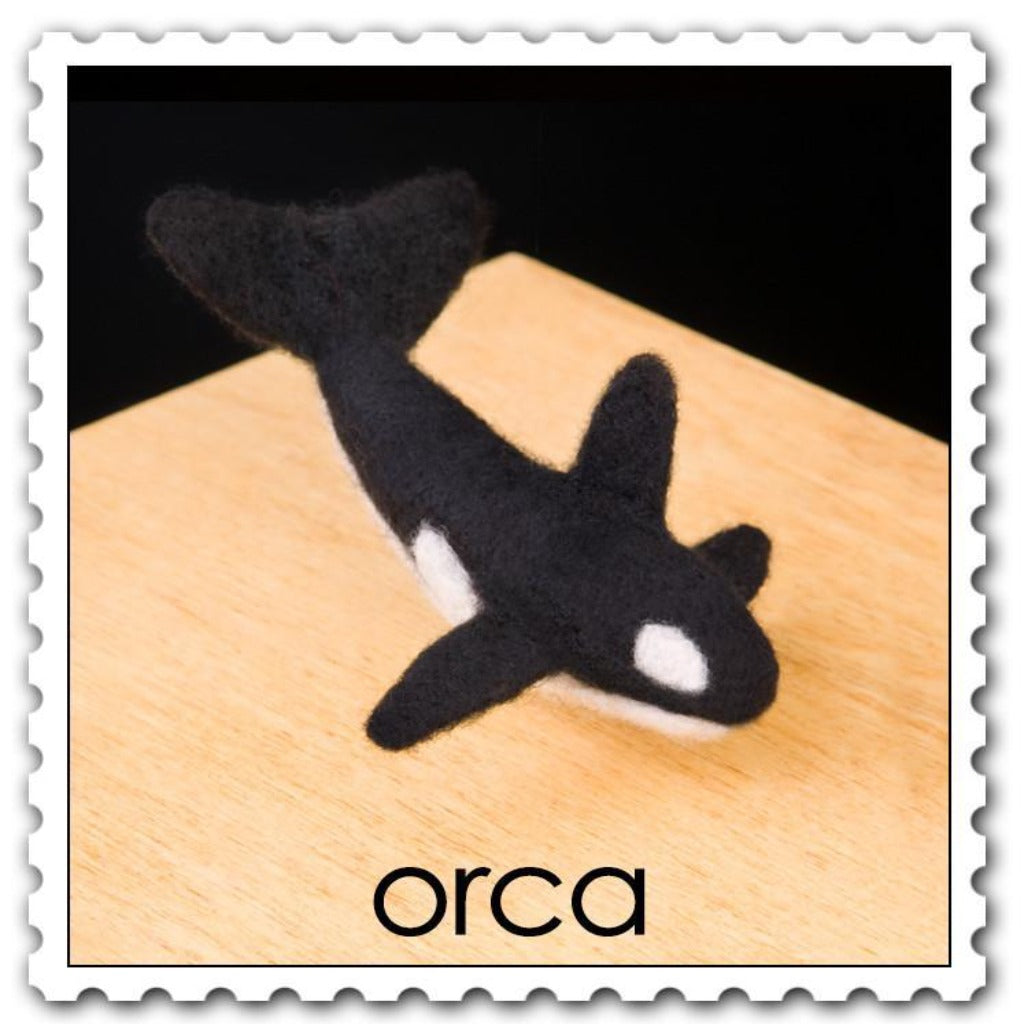 Woolpets orca needle felting kit - a black orca with a white stomach